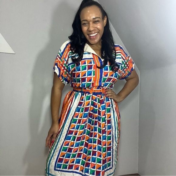 Vintage silk colorful A-line midi dress retro chic 80s twee bold graphic mod - Picture 10 of 15